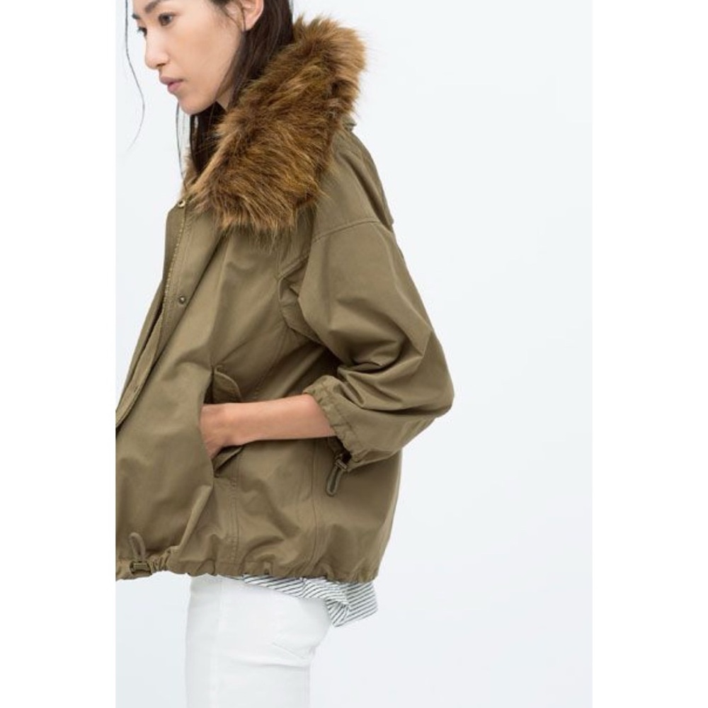 ZARA Green Utility Parka with Faux Fur Collar
